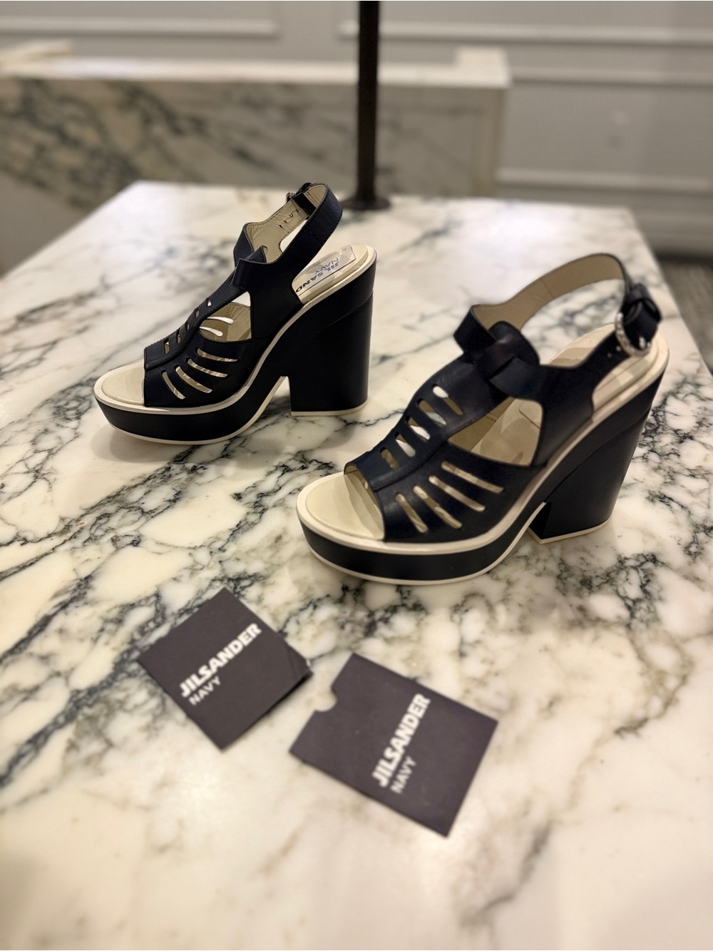 Jil Sander Navy Leather Platform Heeled Sandals Size 38